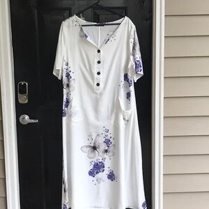 Stunning white maxi dress with purple and grey butterflies and flowers!   NWOT!